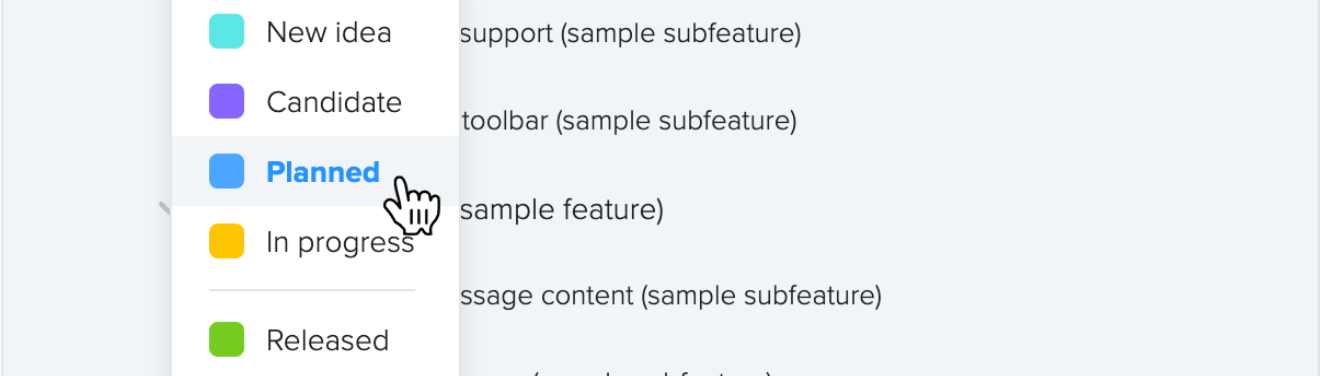 The feature status values used by team Productboard