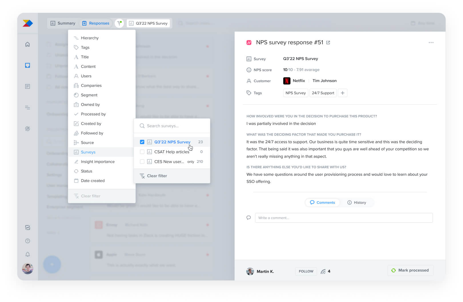 Productboard's SatisMeter integration for analyzing survey results