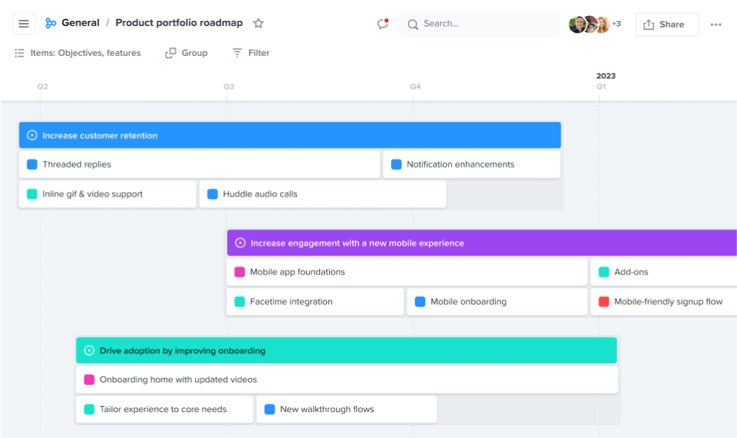 Productboard product portfolio roadmap with objectives and features