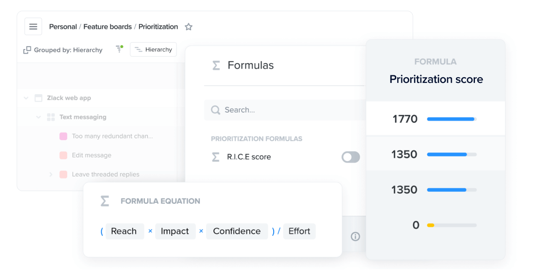 product prioritization feature board with feature scores in Productboard