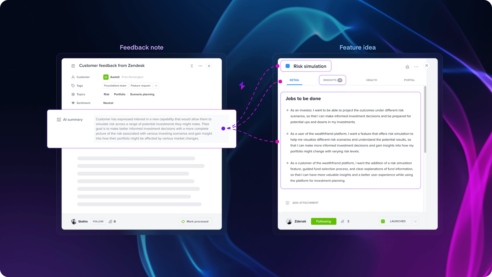 Auto-linking feedback to features by analyzing each feature's name, description, and linked insights