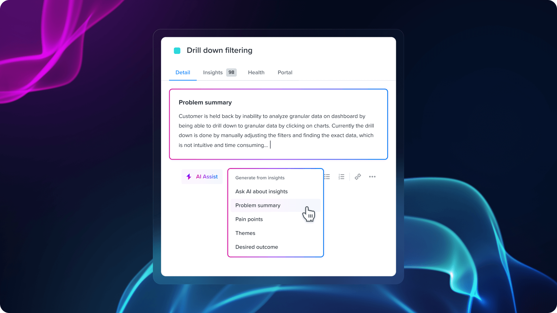 Summarize user needs based on insights linked by AI